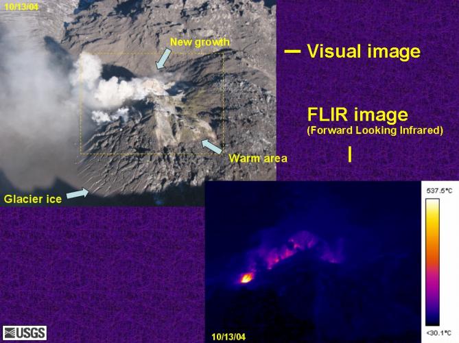 Image thermographique infrarouge et digitale de l'activité volcanique du mont Saint Helens, USA, crédits USGS, géologie
