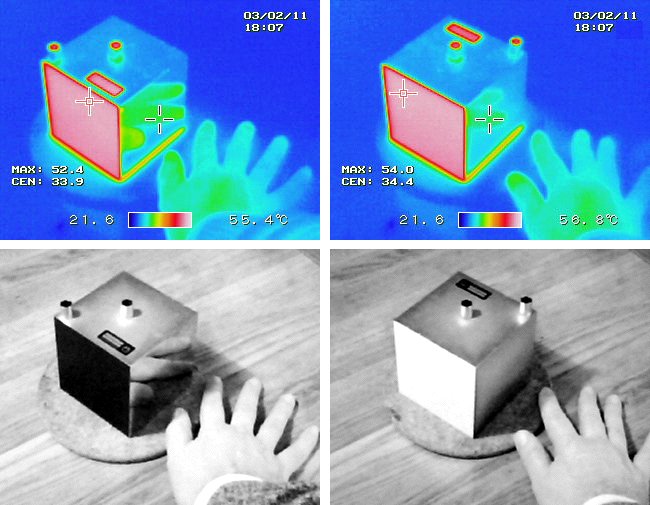 Images en thermographie et vue réelle d'un cube de Leslie, dispositif destiné à la mise en évidence et mesure des différences d'émissivité entre matériaux