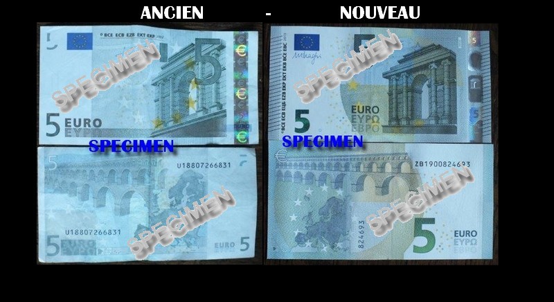 Comparaison visuelle de l'ancien billet de banque de 5 euros et sa version 2013
