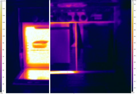 Thermographie infrarouge d'un four électrique, partie gauche four ouvert, partie droite, four fermé